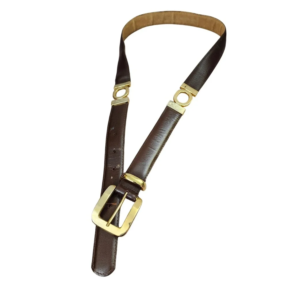 Classic Dark Brown Genuine Leather Belt with Gold Ring Accents Sz L Dk Academia‎